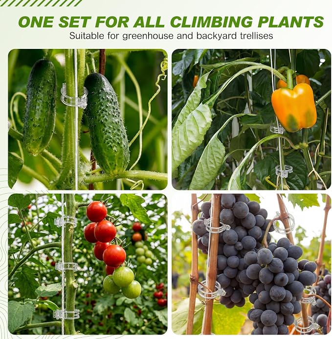 Hushee 100 Pack Tomato Hooks with 200 Garden Clips & 32.8ft String, Tomato Hooks for Climbing Plants, Heavy Duty Plant Support Kit for Greenhouse, Vegetable Plant Fruit Flower