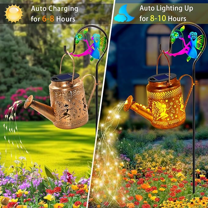 ANGMLN Fariy Solar Lights Outdoor Waterproof, Solar Watering Can Lights with Shepherd Hook, Metal Angel Hanging Lantern Garden Decor Yard Outside Patio Lawn, Gifts for Mom Grandma Women Birthday
