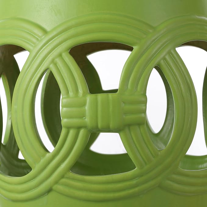 JONATHAN Y Lucky Coins 16" Ceramic Garden Stool, Contemporary Matte Green Cutout Interlocking Rings Drum Indoor/Outdoor Side Table and Plant Stand for Patio, Garden, Living Room TBL1022H
