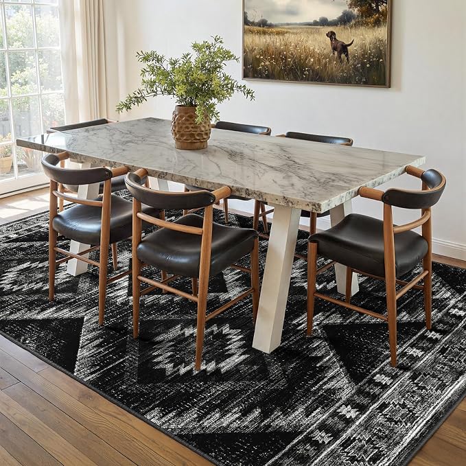 9'x12' Washable Area Rug for Living Room Bedroom Black | Soft Western No Slip Low Pile Print Foldable Indoor for Kitchen Dining Room