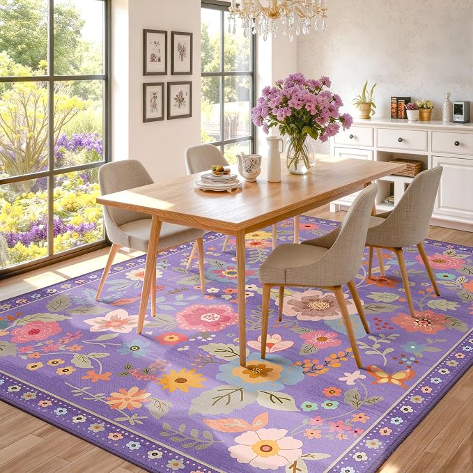 RELEANY Floral Washable 9x12 Area Rugs Purple/Pink | Flower Carpet, Print, Boho, Non-Slip, Easy to Clean, Soft, Low Pile for Living Room Bedroom Kitchen Office Entryway Hallway