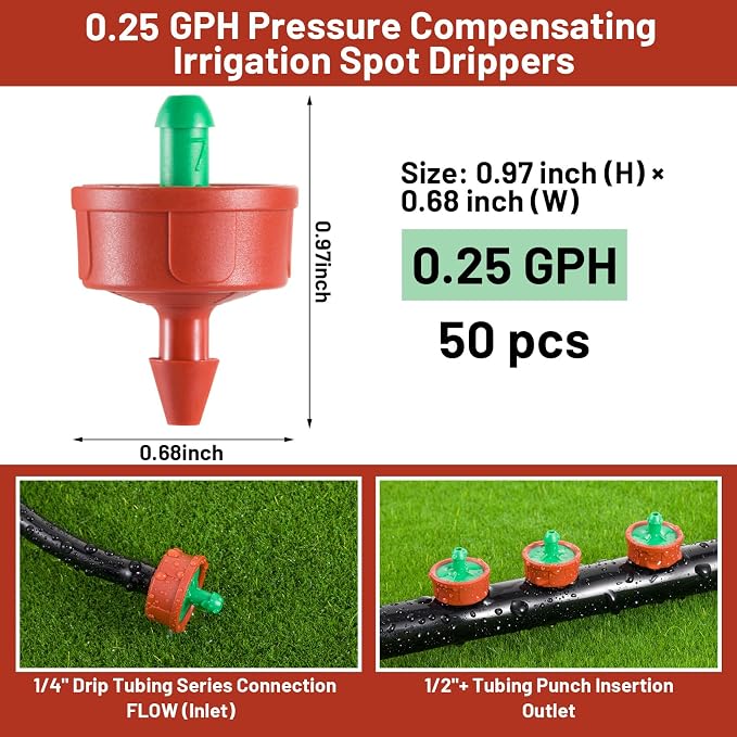 50 PCS 0.25 GPH Pressure Compensating Drip Irrigation Spot Watering Drippers/Emitters, Anti-Clog Self-Cleaning Drip Irrigation Emitters Heads Irrigation Drippers Parts for Seedlings, Mini Gardens