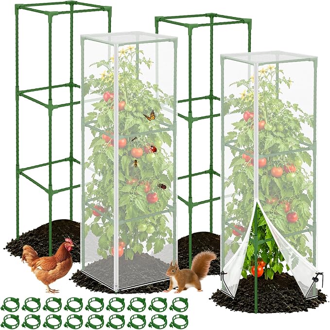 ROADPLUM 2 Pack Square Tomato Cages with 2 Plant Covers, 48" Heavy Duty Adjustable Tomato Cage for Garden, Plastic Coated Steel Pipe Stakes Trellis Plant Cages for Vegetable, Fruit, Climbing Plants