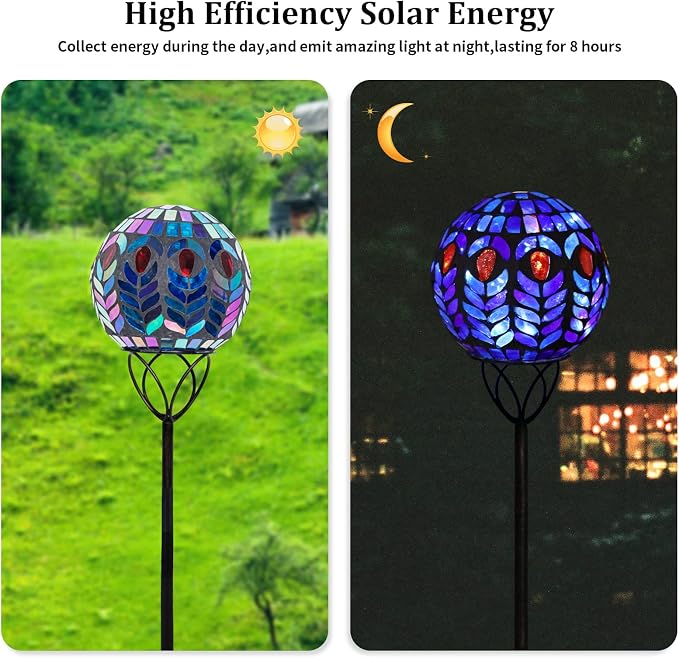 Solar Outdoor Decorative Light, Mosaic Ball Stake for Yard Decor, 6" | 6" Crackle Glass Sphere Mosaic Glass Ball Stake, Waterproof Design & Solar Lights for Lawn, Yard & Pathway Decor, Multi