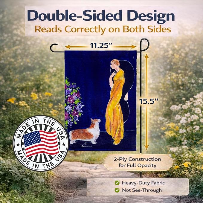 Caroline's Treasures SS8546GF Lady with her Corgi Garden Flag Mailbox Flag Decorative Yard Flag Banner Outside Patio Artwork Yard Flower Beds, Garden Size, Multicolor