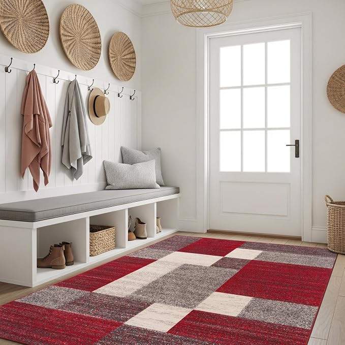 Rugshop Geometric Boxes Non-Slip Modern Area Rug Red 5'3" x 7'3" | Non-Shedding, Rectangular, Size 5'3" x 7'3", Living Room, Bedroom, Dining Room, Home Office, Kitchen, Entryway, Hallway