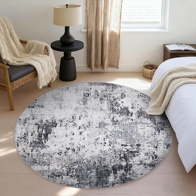 ROYHOME Modern Abstract 4x4 Round Area Rug Non Slip, Grey | Non Shedding Rug Low Pile Stain Resistant for Bedroom Living Room office Dining Room