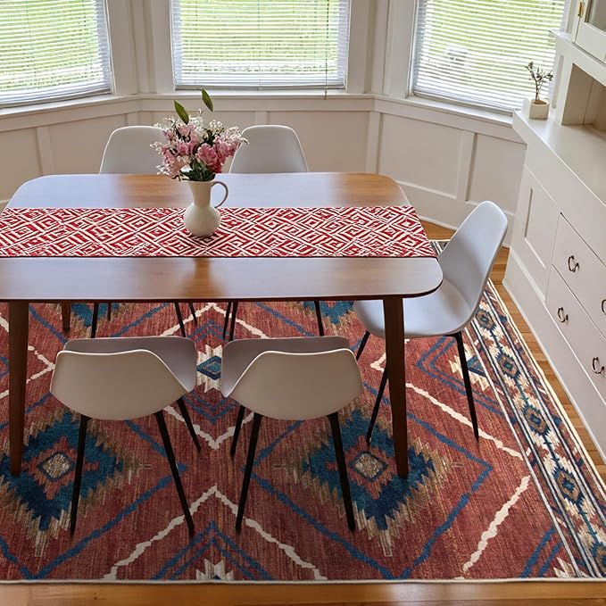 Area Rug 5x7 Rug Machine Washable Non-Slip Low Pile Print Pattern Western Rug for Living Room Bedroom Entryway Tribal Series -Red/Orange | Soft Western No Slip Low Pile Print Foldable Indoor for Kitchen Dining Room