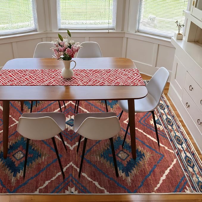 6'x9' Washable Area Rug for Living Room Bedroom Red/Orange | Soft Western No Slip Low Pile Print Foldable Indoor for Kitchen Dining Room