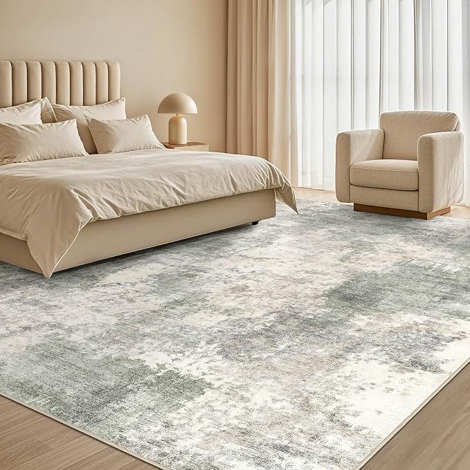 Tortania Washable 12x18 Area Rug for Living Room: Modern Abstract Neutral Large Soft Thin Rugs - Non Slip Indoor Carpet for Bedroom Dining Room Office Nursery Home Floor Decoration - Gray Green