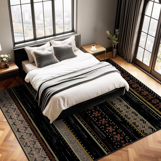 6x9 Washable Area Rugs for Living Room Boho Bedroom Rug Colorful/Black | Vacuum Friendly, Machine Washable, Non-Slip Rug, Stain Resistant, Moroccan Geometric, Low Pile Carpet, Dining Room Kitchen