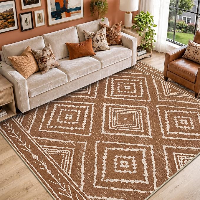 6'x9' Washable Area Rug for Living Room Bedroom Yellowbrown | Soft Western No Slip Low Pile Print Foldable Indoor for Kitchen Dining Room