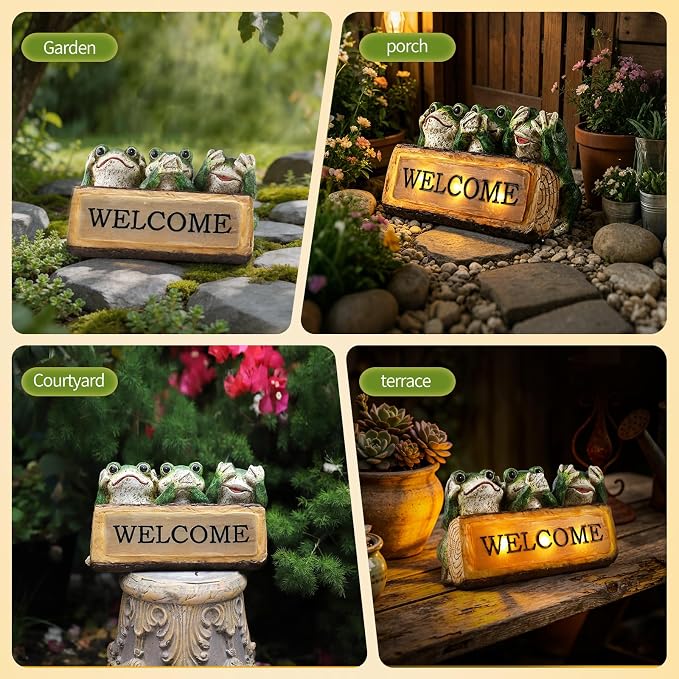 10.43"W Miniature Frog Solar Garden Statue, Three Wise Frogs Resin Lighted Welcome Sign, Outdoor Fairy Garden Accessories, Housewarming Gift for Patio, Yard, Porch, Entryway, Balcony, Lawn Ornament