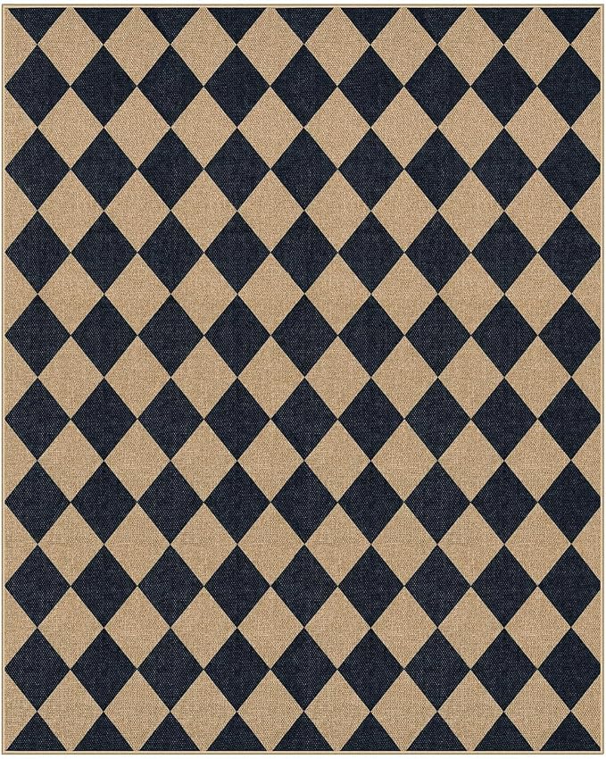 Lahome Colette Checkered Easy Jute Area Rug 8x10, Large Living Room Patio Rug Checkerboard Indoor Outdoor Carpet, Farmhouse Geometric Non Slip Black Carpet for Backyard Dining Room