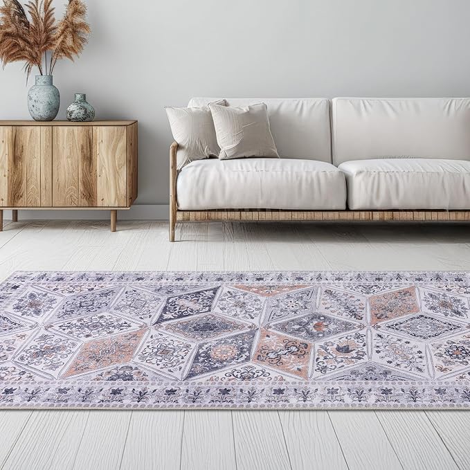 Moroccan Vintage Distressed Boho Floral Geometric 2.7x10 Runner Rug | Washable Non Slip Throw Floor Long Carpet Runner for Hallway Entryway Kitchen Bathroom Bedroom Livingroom Light Grey