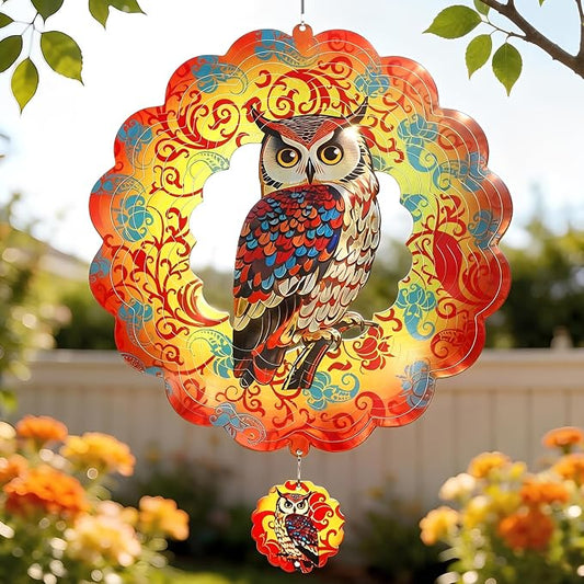 Owl Wind Spinners Outdoor for Mother's Day, IDEA SHOW 12In Stainless Steel Wind Spinners, 3D Kinetic Hanging Sculpture, Rustproof Metal Garden Decor Ornaments for Yard Art, Women, Men, Holidays