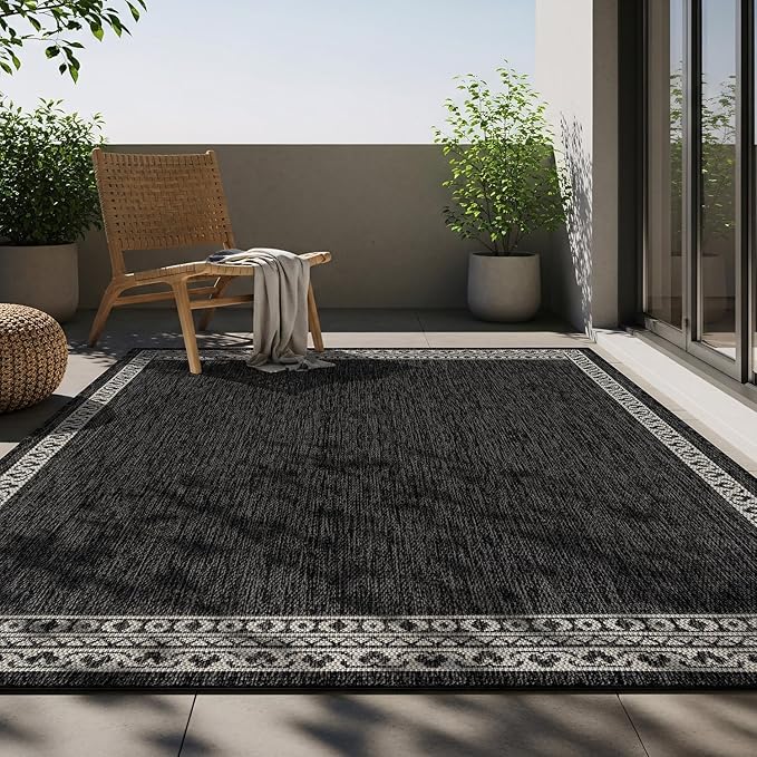 Washable Outdoor Rug 6x9 Modern Area Rugs Outdoor Carpets Bordered Pattern Non Shedding Waterproof Easy Clean Patio Deck Porch Living Room Bedroom Garden RV (6 X 9 Dark Gray)