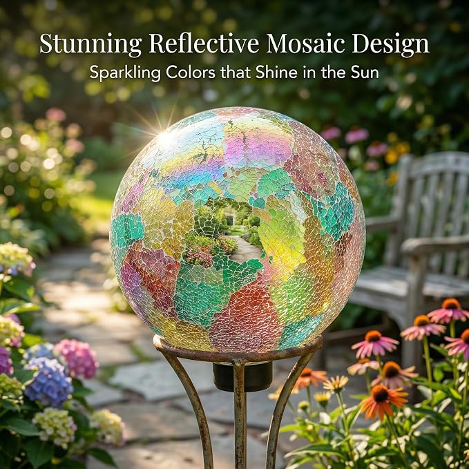 Topadorn 10" Iridescent Mosaic Glass Gazing Ball, Reflective Garden Globe Sphere for Outdoor Decor, Colorful Garden Ball for Patio, Yard & Flower Beds