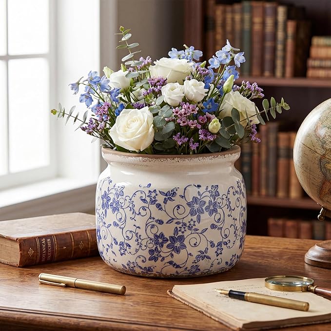 7.7" Large Vintage Ceramic Plant Pot Blue White Country Crackle Glaze Pot Rustic Morning Glory Flowers Planter with Drainage for Indoor Outdoor Plants Kitchen Office Home Decor Gift