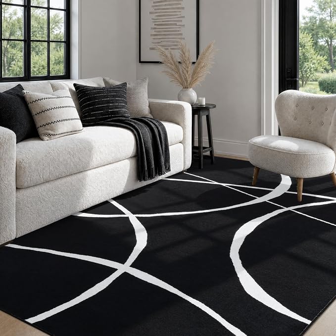 6x9 Washable Modern Abstract Black White Area Rug | Ultra-Thin Low Pile, Non-Slip TPE Backing, Soft Stain Resistant, Machine Washable, for Bedroom Livingroom High Traffic
