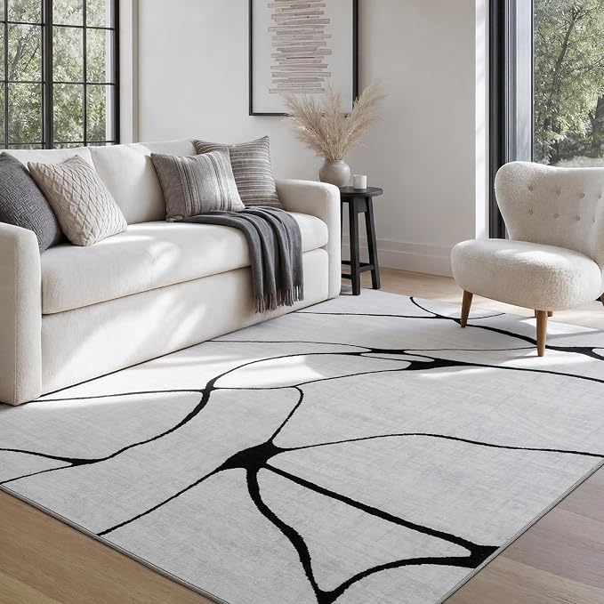5x7 Washable Modern Abstract Black White Area Rug | Ultra-Thin Low Pile, Non-Slip TPE Backing, Soft Stain Resistant, Machine Washable, for Bedroom Livingroom High Traffic