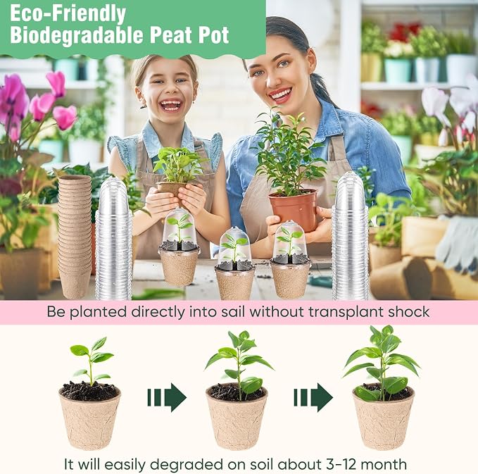 Baderke 120 Pcs Biodegradable Nursery Pots with 30 Humidity Dome and 30 Labels, 2.36" Plant Nursery Seed Starter Planter Biodegradable Peat Pots for Planting Seedlings, Vegetables (Round)