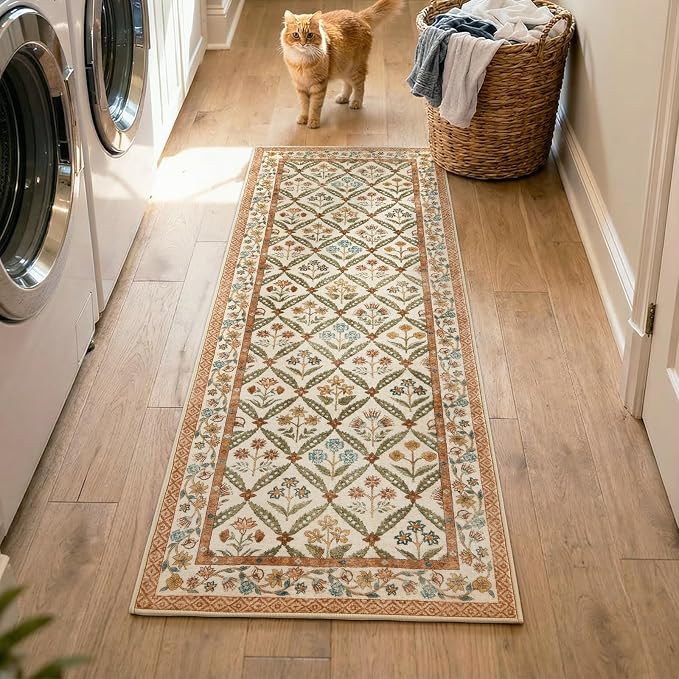 jinchan Runner Rug 2x5 Vintage Floral Washable Hallway Area Rug, Terracotta | Soft & Lightweight, Checkered Floral, Low Pile, Non Slip, Entryway, Kitchen, Bedside, Laundry Room, Cottage Decor
