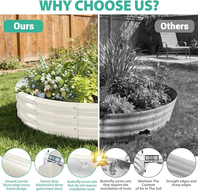 YSEJOMP 6FT Diameter Galvanized Garden Raised Bed/Plant Box/Fire Pit Ring-0.8mm Thick,12 Inch Tall,Crimped Edge and Corner,No Sharpe,Perfect for Plantings (Cream White, 72 Dia X 12 inches)