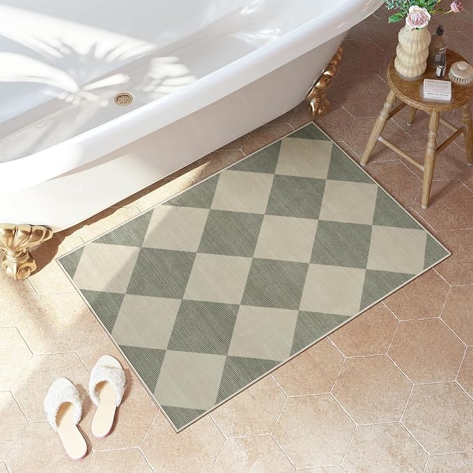 Beeiva Checkered Washable Entryway Rug 2x3, Non Slip Ultra Thin Green Front Door Mat Indoor Entrance Low Pile Small Kitchen Rug, Moroccan Contemporary Decor Neutral Accent Carpet for Bedroom Bathroom