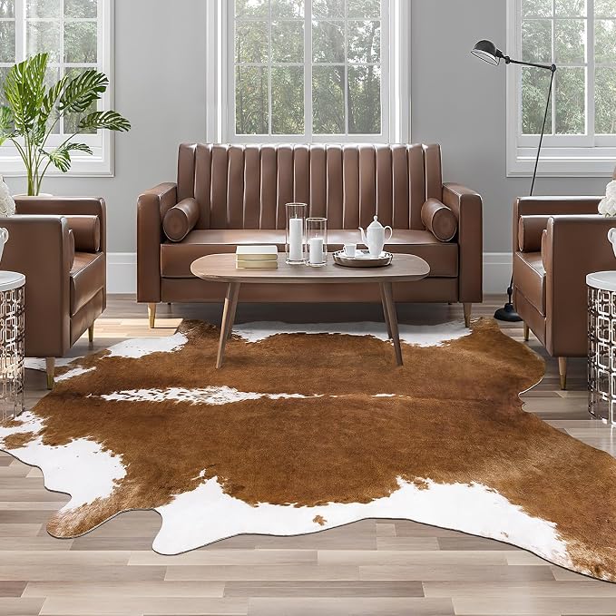 AROGAN Faux Cowhide Rug, Brown Cow Print Large Animal Area Rug, 6x7.2 Ft | Premium Cow Hide Carpet, Western Rug for Bedroom Living Room Decor, Durable Faux Cow Skin Cowhide Area Rug