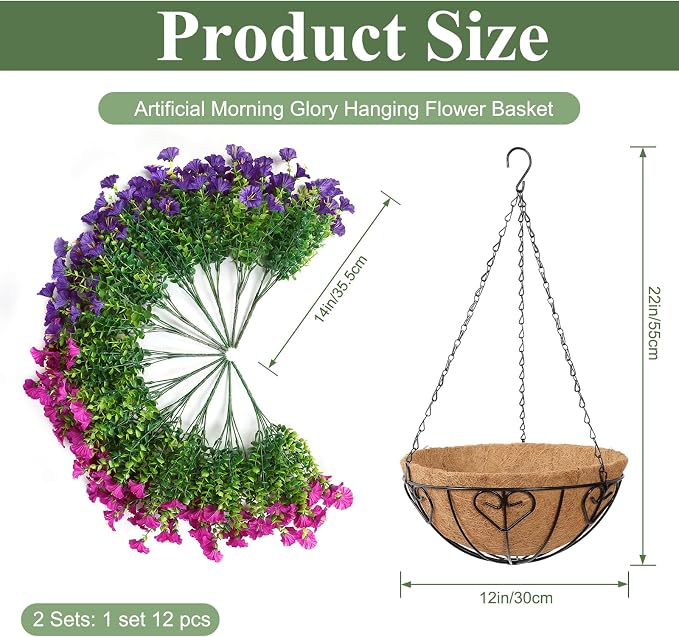 KHOYIME Artificial Hanging Flowers Plants Basket for Outdoors Indoor, 2 Set Faux Silk Purple Fuchsia Morning Glory Fake Eucalyptus Planters UV Resistant Spring Summer for Decor Home Garden Porch Patio