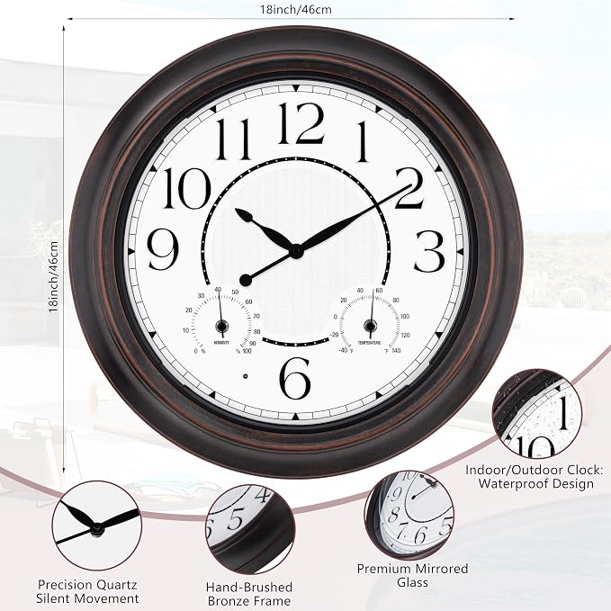 18 Inch Large Illuminated Outdoor Wall Clock, Waterproof Wall Clock with Smart Night Light Sensor, Lighted Large Wall Clock with Thermometer & Hygrometer for Patio Pool Porch Garden & Home Decor