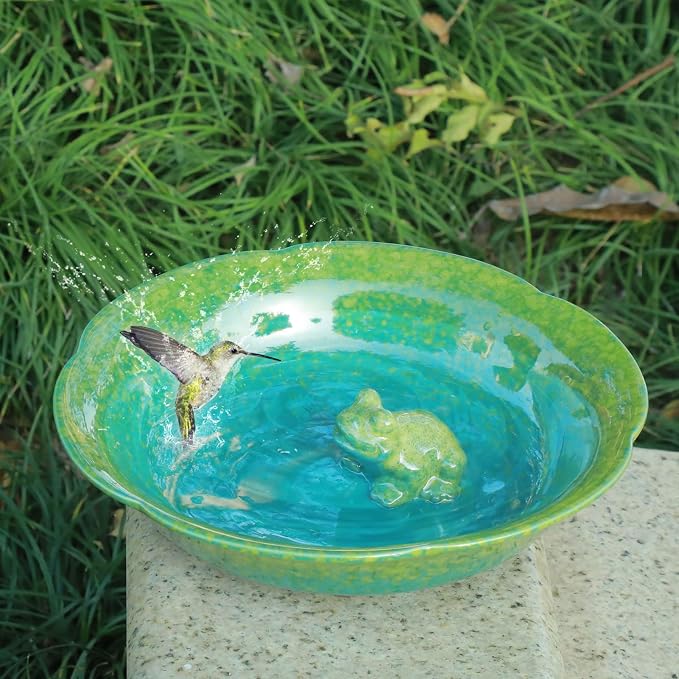 10" W Ceramic Bird Bath Bowl,Bird Bath for Outdoors with Frog Decor.