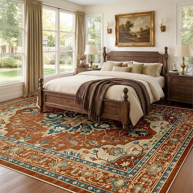 RELEANY Washable Area Rug, Large 9'x12', Red/Orange/Blue/Brown | Non-Slip, Water Repellent, Pet Friendly, Easy to Clean, Vintage Floral Boho Decor for Living Room Bedroom Dining Room