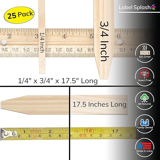 25 Pack Wooden Garden Stakes, 17.5" Long x 3/4" Wide, Made in USA Pine Plant Markers, Chisel Point Yard Stakes for Gardening, Landscaping, Row Labels, Signs & Crafts