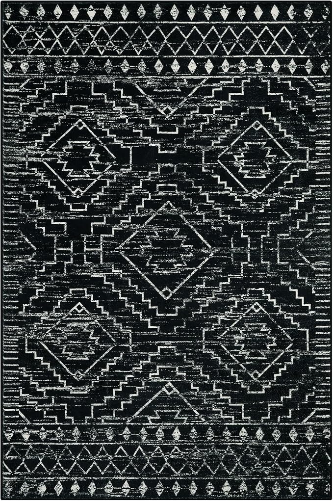 Wonnitar Moroccan Washable Rug 4x6, Black Boho Living Room Area Rug, Non-Slip Farmhouse Bedroom Carpet Dorm Room Throw Rug, Low Pile Soft Accent Mat for Kitchen Entry Office (Black,4'x6')