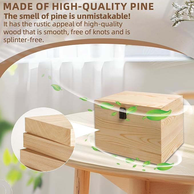 10x7x7-Inch Unfinished Wooden Box with Hinged Lid & Front Clasp for DIY Art Project Crafts Woodcraft Keepsake - Easy to Stain Paint Wood Burning