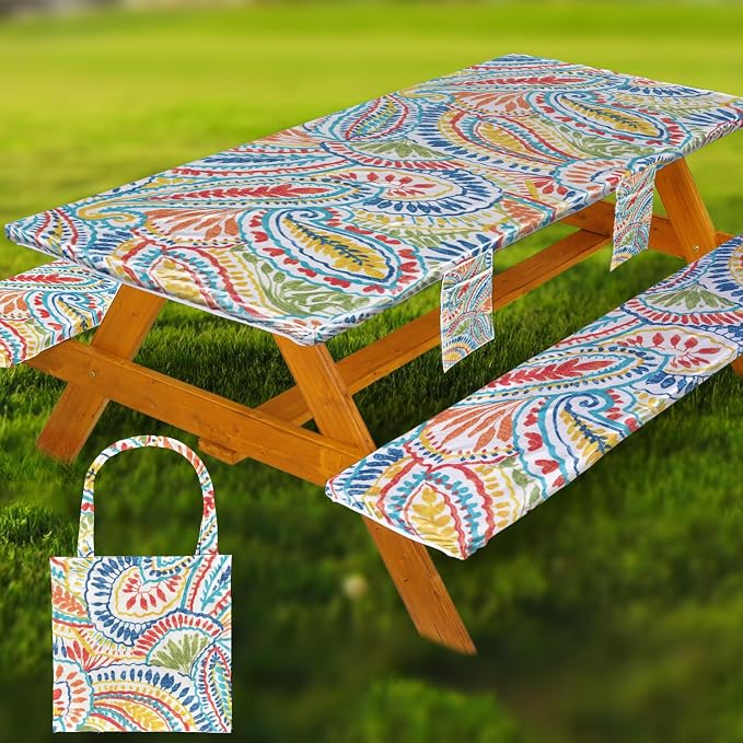 Fitted Picnic Table Cover with Bench Covers Waterproof Elastic Edges Rectangle Patio Tablecloth Outdoor Camping Essentials Stuff Rv Accessories Summer Trip Travel Supplies Party Camper Gifts, 6 ft