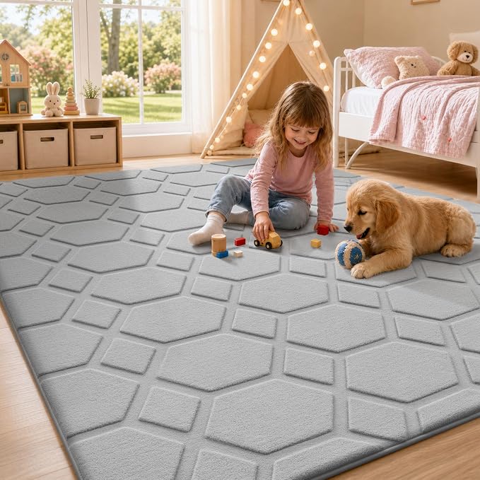 Sour Lemon 8x10 Area Rugs for Living Room Bedroom, Large Carpet Grey Rug | Big, Geometric Alfombra Para Salas Modernas, Washable, Non Slip Soft Thick Fluffy Plush, Memory foam Rug for Kids Playroom
