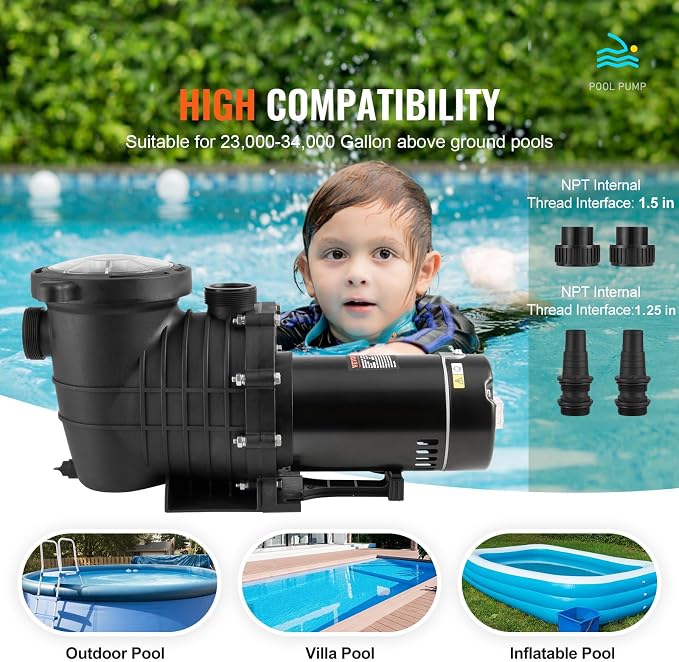 VEVOR Above Ground Pool Pump, 1.5 HP, 100 GPM Single Speed Swimming Pool Pump, 110V/240V 3450 RPM 50.9 ft Max Head Pool Pump with Filter Basket, for Above Ground Pools Hot Tubs Spas