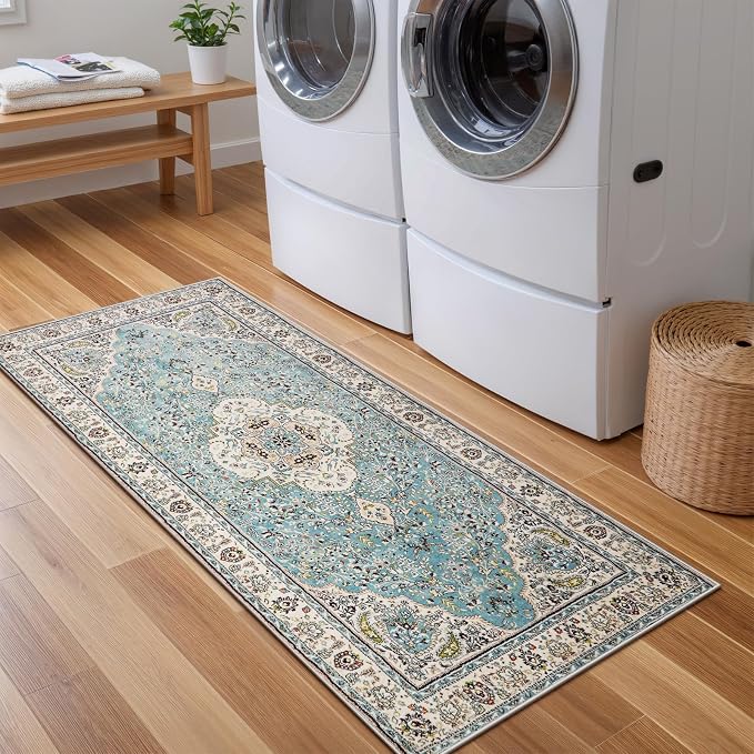 Lahome Felice Floral Medallion Area Rug - 2x4.3 Hallway Rug Runner Kitchen Sink Mat Turkish Faux Wool Non-Slip Washable Low-Pile Carpet for Indoor Laundry Bedroom Entrance Bathroom, Sky/Baby Blue