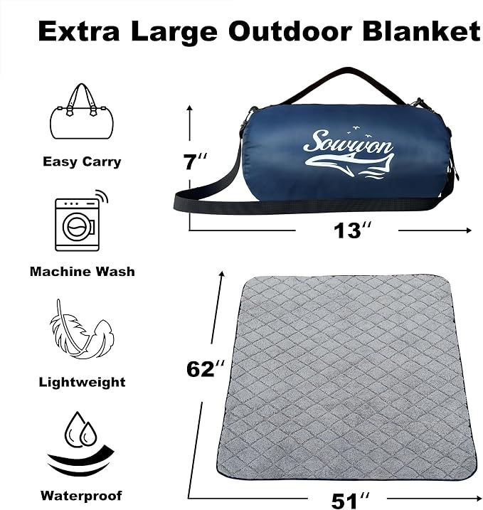 Waterproof Outdoor Blanket 62"x51" Sherpa Fleece 300GSM Navy | Stadium Blankets for Camping, Packable, Windproof Emergency Throw for Grass Picnic Hiking Road Trip, Machine Washable