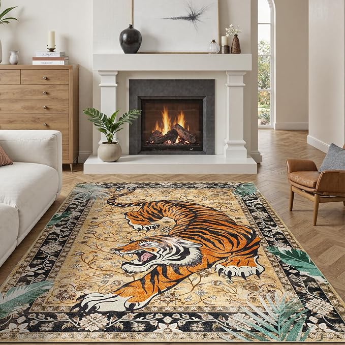 DCX Washable 9x12 Tiger Area Rug, Brown Vintage Animal Rug for Living Room, Soft Low Pile Carpet, Kid & Pet Friendly with Rubber Back Non Slip, Stain Resistant Rug for Bedroom Dining Room Office