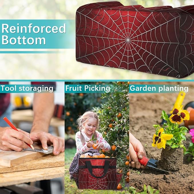 Gardening Tool Bag,Heavy Duty Garden Tote Bag,Portable Oxford Gardening Storage Basket Organizer Handbag with Pockets Handle,Hand Tools Gifts for Outdoor Garden Lawn Spiders Web Red