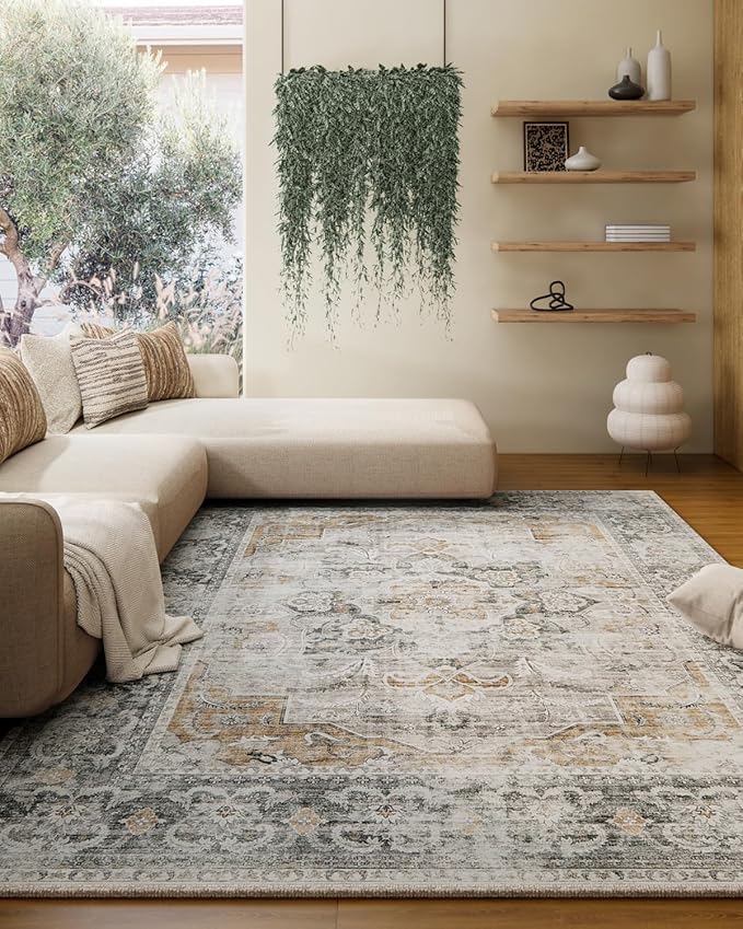 Machine Washable Living Room Rug: 5x7 Area Rugs for Bedroom Non Slip Low Pile Soft Faux Wool Non Shedding Vintage Boho Carpet Rugs for Entryway Dining Room Kitchen Nursery Farmhouse Home Office Indoor