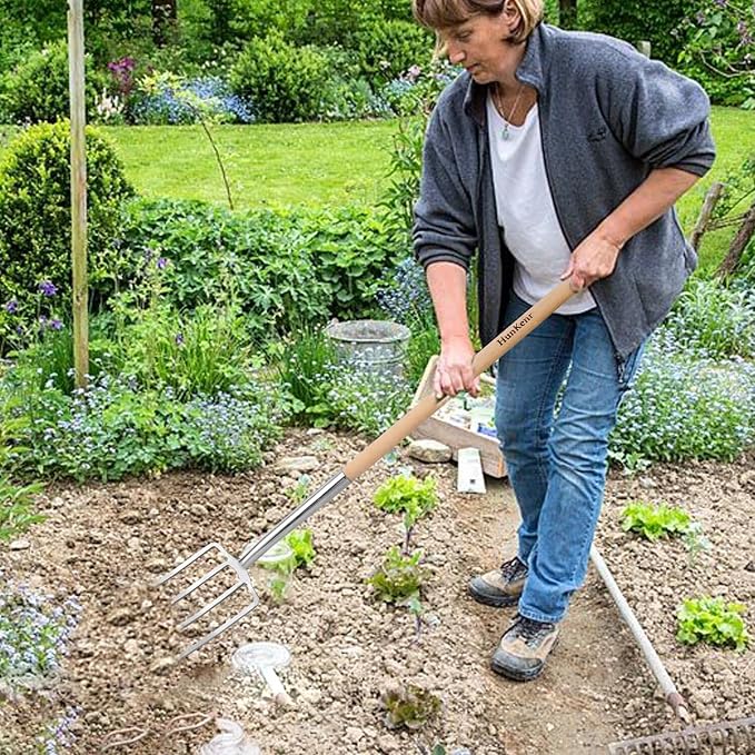 Garden Pitchfork Spade Set, 4-Tine Stainless Steel Pitchfork, 47" Heavy Duty Long Handled Spade with T-Handle/Ergonomic Beech Handle for Digging, Planting, Cultivating, Aerating