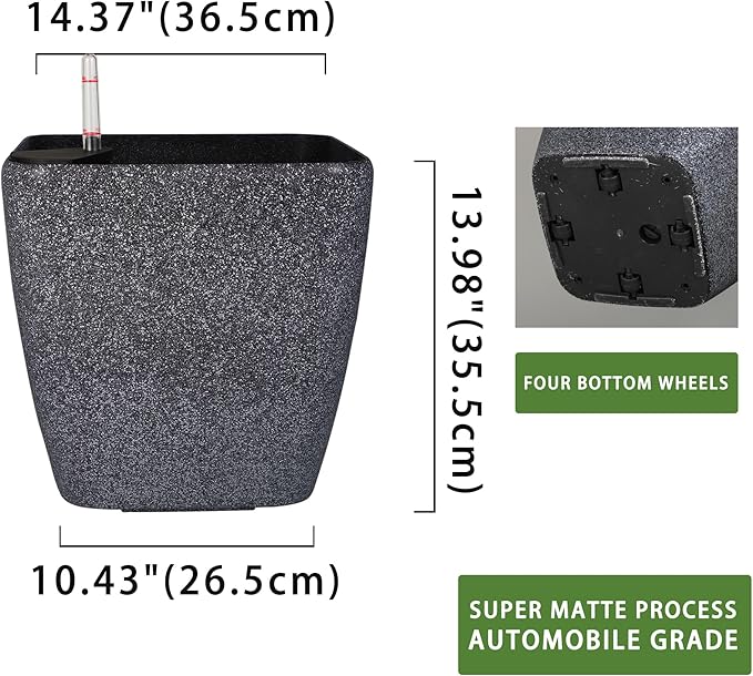 Dexceder 15x14 Self Watering Planter with Wheels (Stone Matte) | Inner Mat Design, Thickened Large Floor Standing Flower Plant Pot with Water Level Indicator Indoor Outdoor