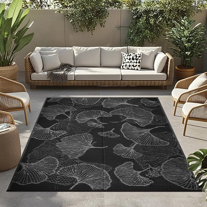 Outdoor Patio Rugs 8'x10' Waterproof, Reversible Plastic Straw Camping Rug Carpet, Large Area Rugs Mats for Rv, Deck, Porch, Picnic, Beach, Balcony, Black & Grey