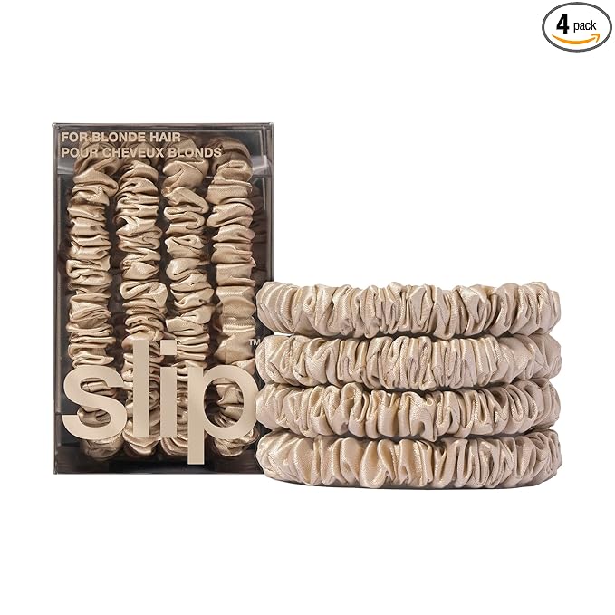 Slip Silk Hair Ties — Skinny Silk Blonde Scrunchies, No Damage, No Crease, Anti-Breakage |100% Mulberry Silk | All Hair Types | Made with Proprietary Slipsilk™ | Set of 4