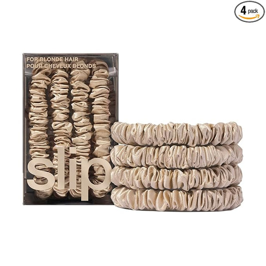 Slip Silk Hair Ties — Skinny Silk Blonde Scrunchies, No Damage, No Crease, Anti-Breakage |100% Mulberry Silk | All Hair Types | Made with Proprietary Slipsilk™ | Set of 4